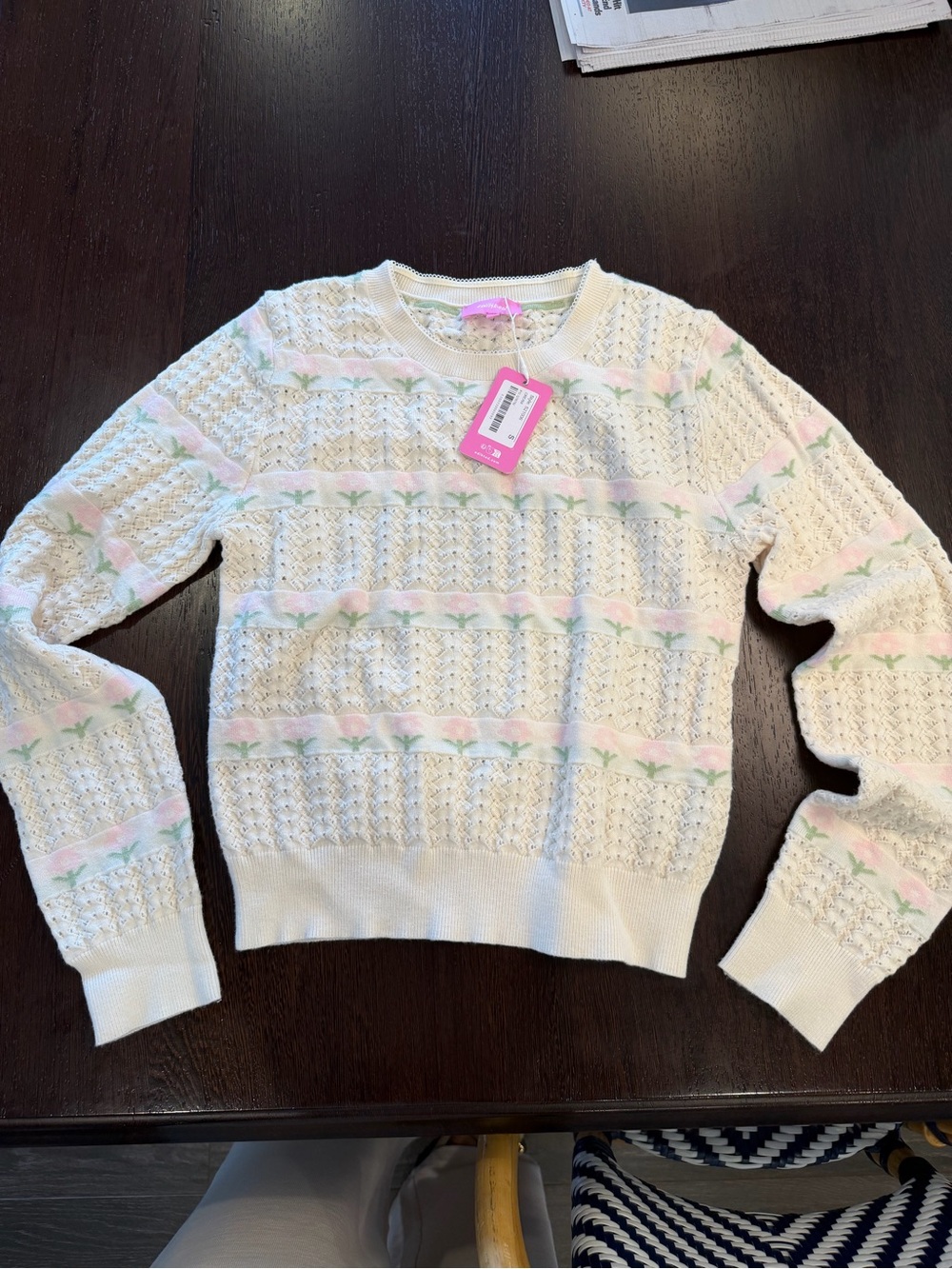 Edited Cream Eyelet Knit Sweater with Pink & Green Floral Stripes